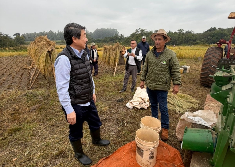 Participación del Embajador ITAGAKI en la cosecha de arroz en Pirapó, Dep. de Itapúa